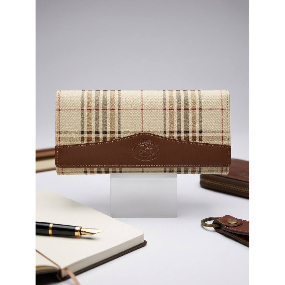 Luigi by Alami Plaid Canvas Long Wallet Brown Equestrian Logo Tan Check